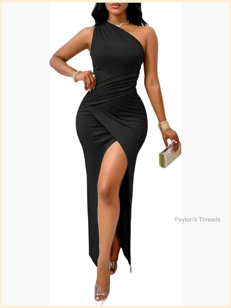 One Shoulder Bodycon Maxi Dress Sleeveless Ruched Wrap Split Thigh